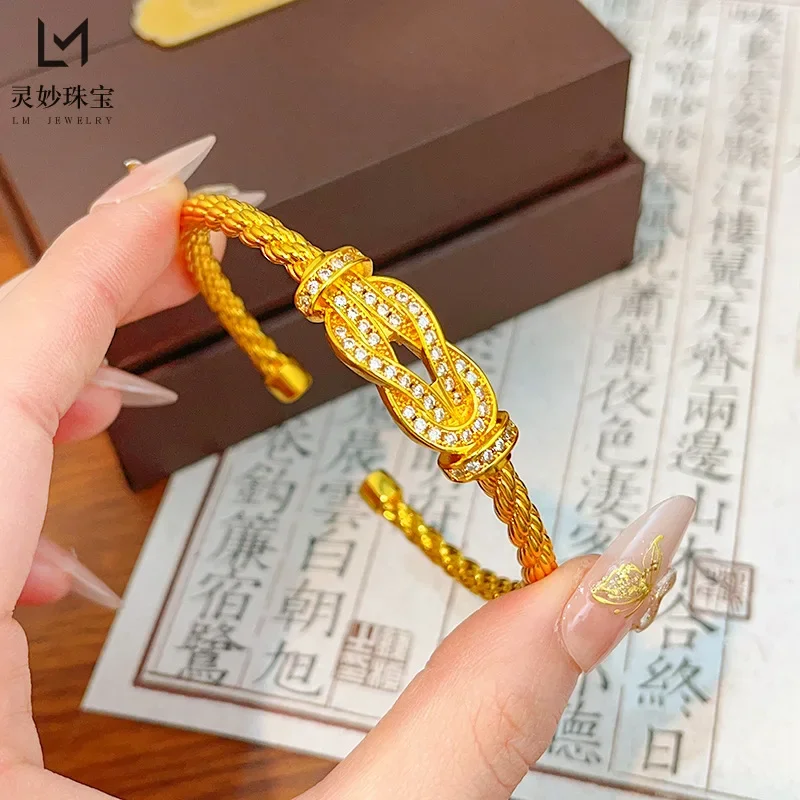 9999 24K real gold dot drill horseshoe buckle twisted bracelet retro solid gold opening bracelet exquisite and versatile