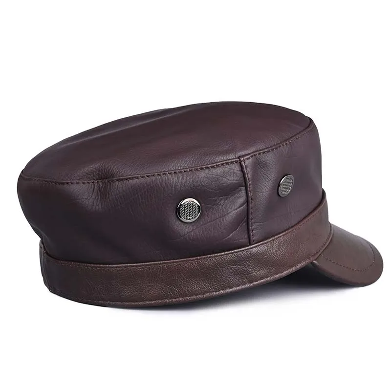 Genuine Leather Cap Men\'s Flat Caps Warm Army Military Hat Elegant Man Baseball Cap British Vintage Cowskin Leather Hat