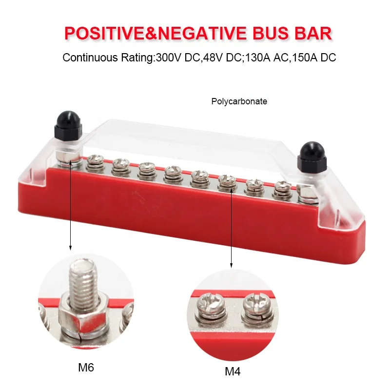 12V-48V Bus Bar Terminal Block Power Distribution Block 2 x M6 Terminal Studs 8 x M4 Terminal Screws Boat Truck