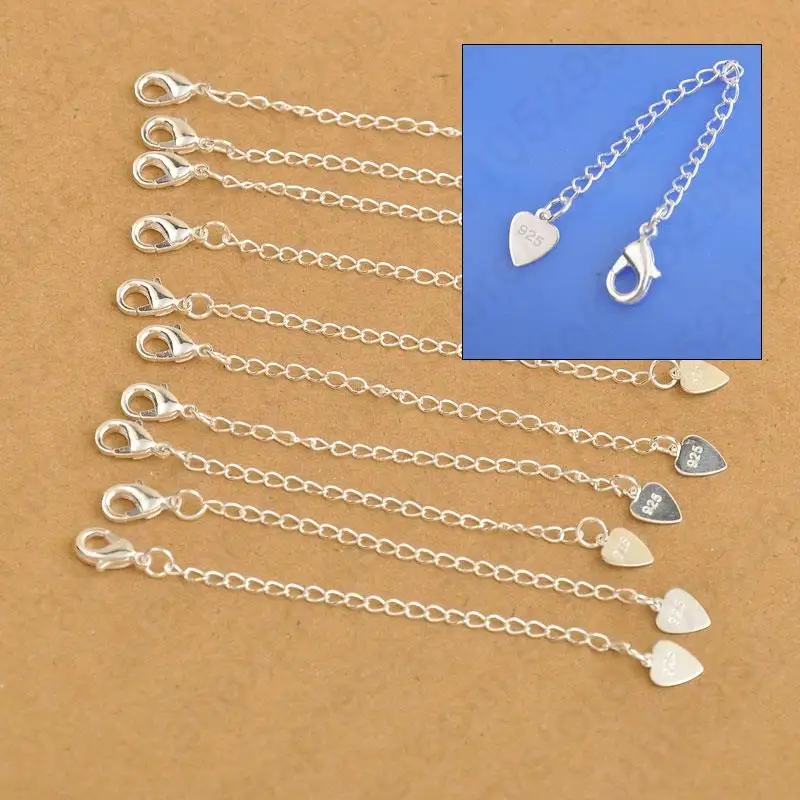 GIEMI Brand 40PCS/Lot 925 Sterling Silver Extension Tail Chains With Heart Tag Lobster Clasps For Necklace Bracelets Accessories