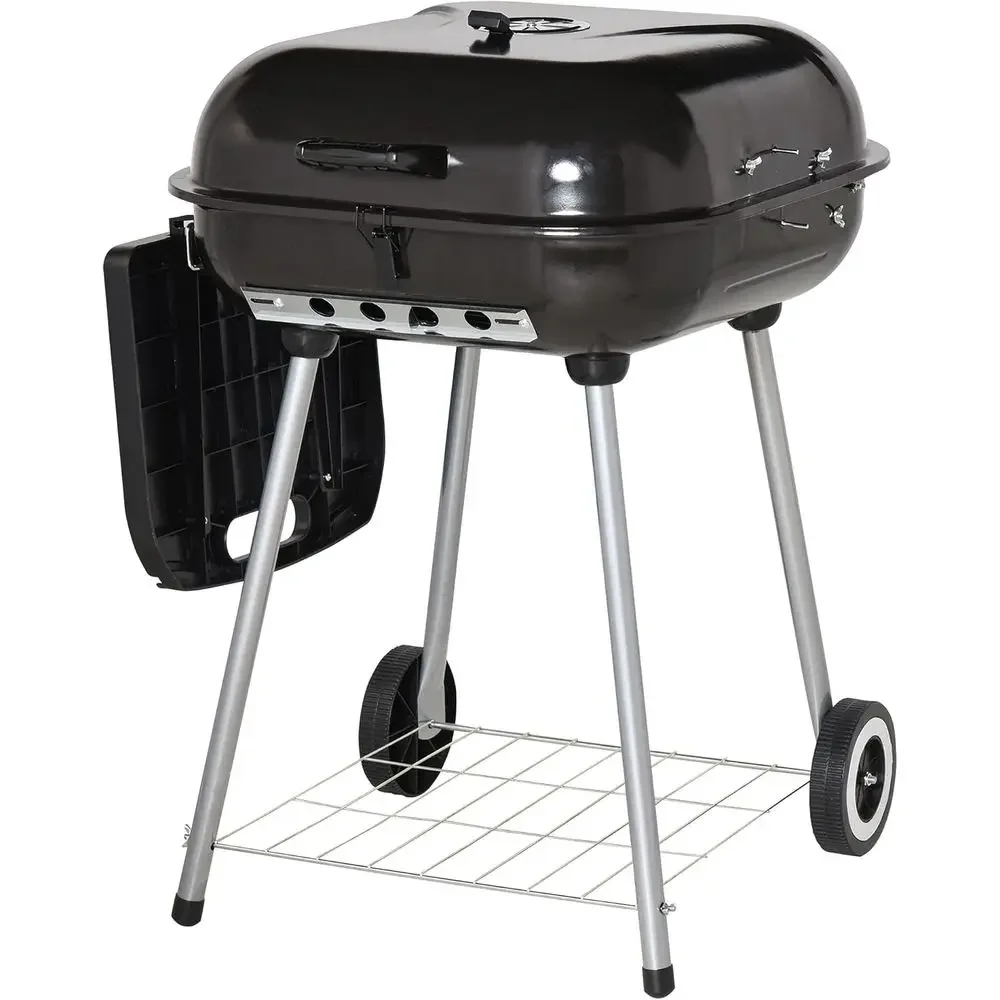 Portable Charcoal Grill with Foldable Sides and Bottom Shelf, BBQ Smoker on Wheels with Adjustable Vents, Ideal for Picnics, Cam