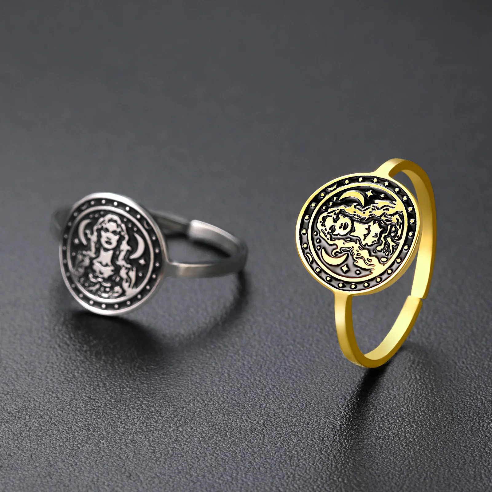 1PC Triple Moon Goddess Adjustable Rings for Women Stainless Steel Vintage Finger Rings Witch Jewelry Amulet Gifts