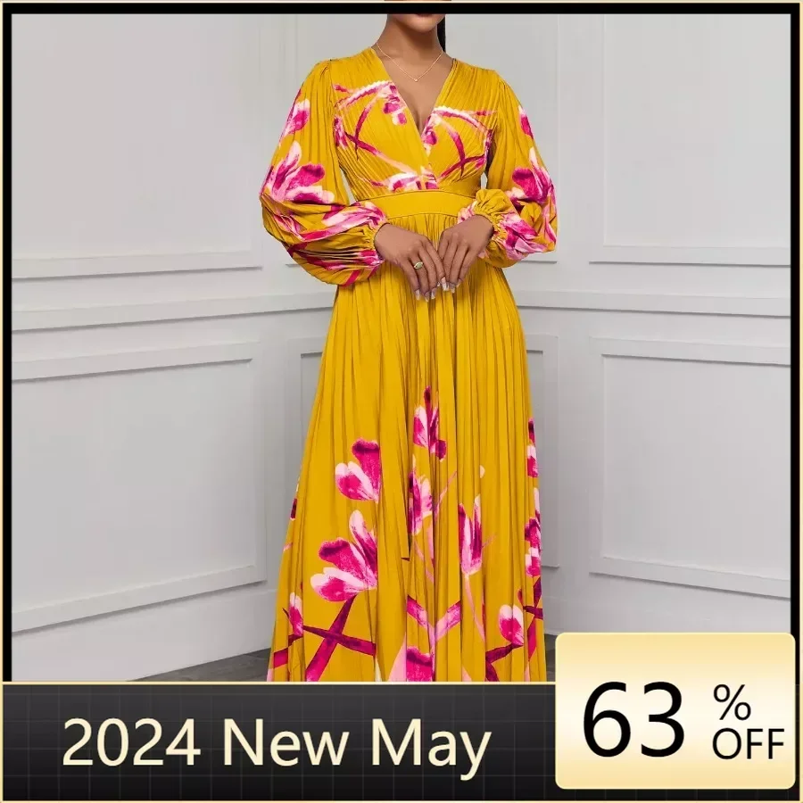 

Spring 2024 African Long Sleeve V-neck Party Evening Long Maxi Dress Dashiki Africa Clothing 3XL African Pleat Dresses for Women