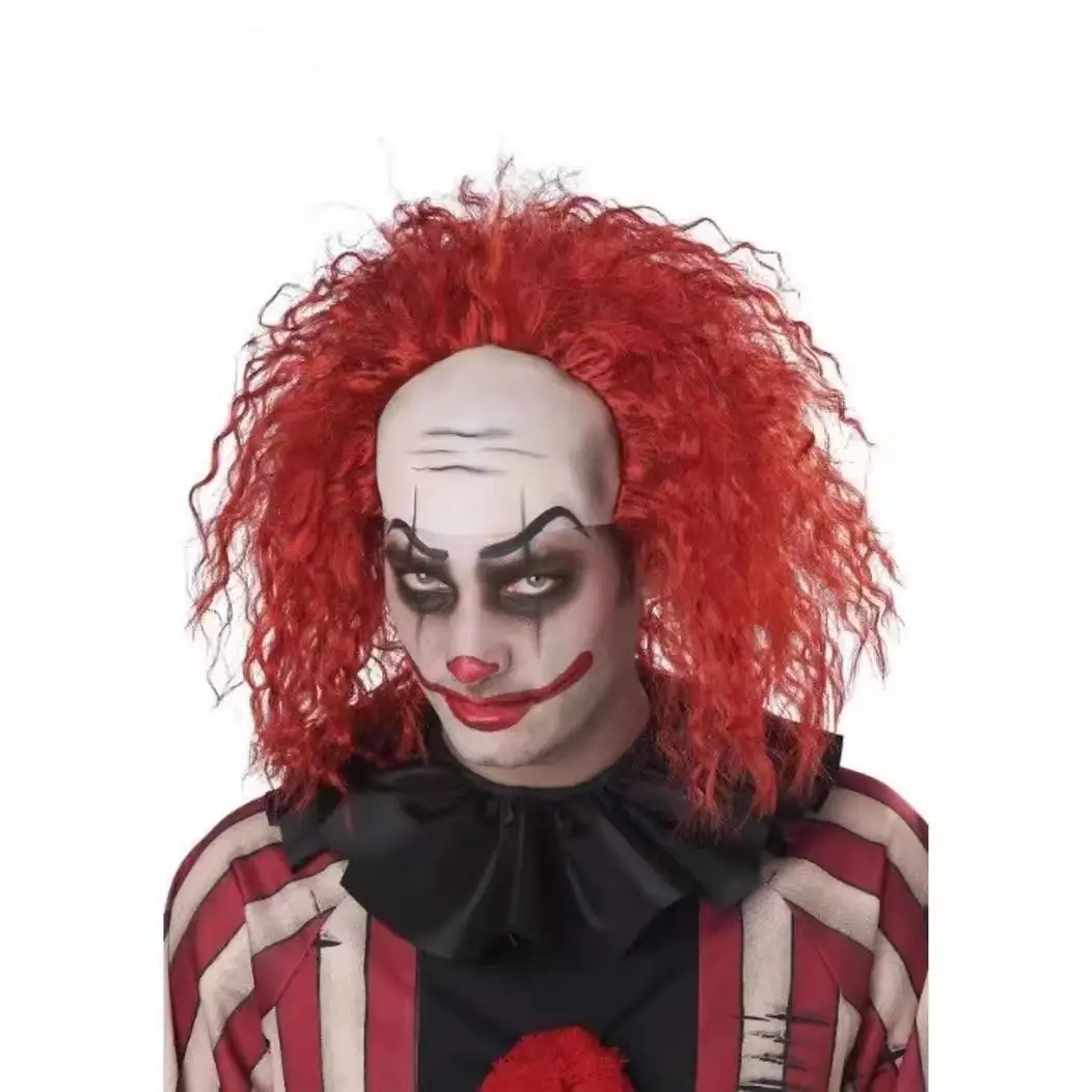 Bald Cap Wig Green White Curly Clown Bald Wig Synthetic Halloween Cosplay Costume Wig for Men