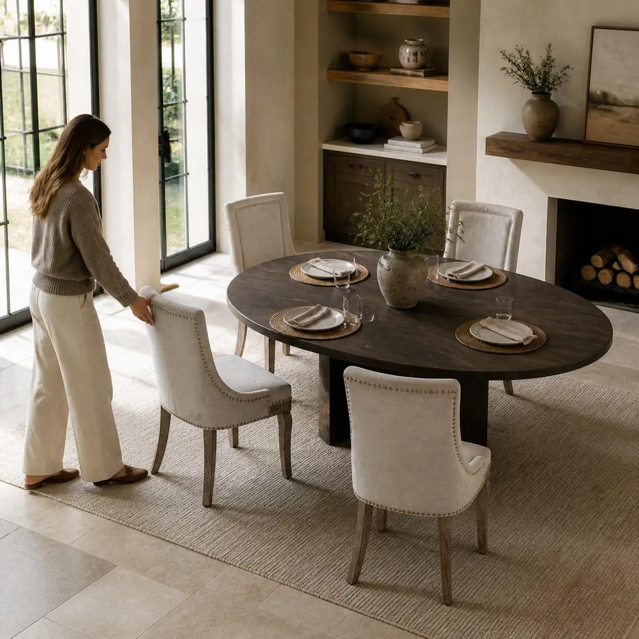 Sillas de Comedor; Dinning Chairs Set of 8; Upholstered Wingback, Solid Wood Frame, Padded Seat, Weathered Brown Tone