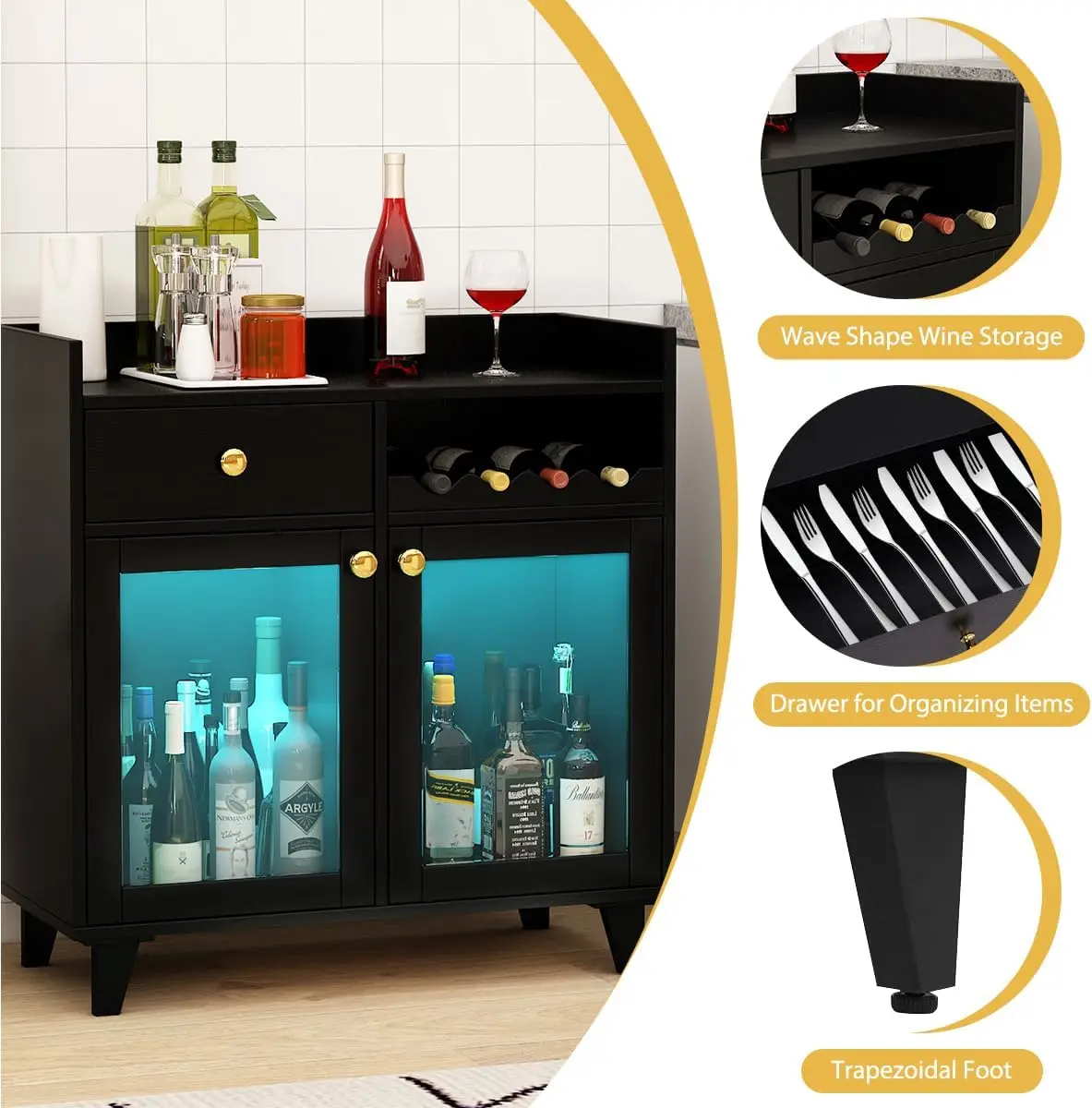 유리문이 달린 소형 와인 캐비닛, LED 조명이 있는 모던한 주류 바 캐비닛, 농가 스타일 뷔페 커피 사이드보드