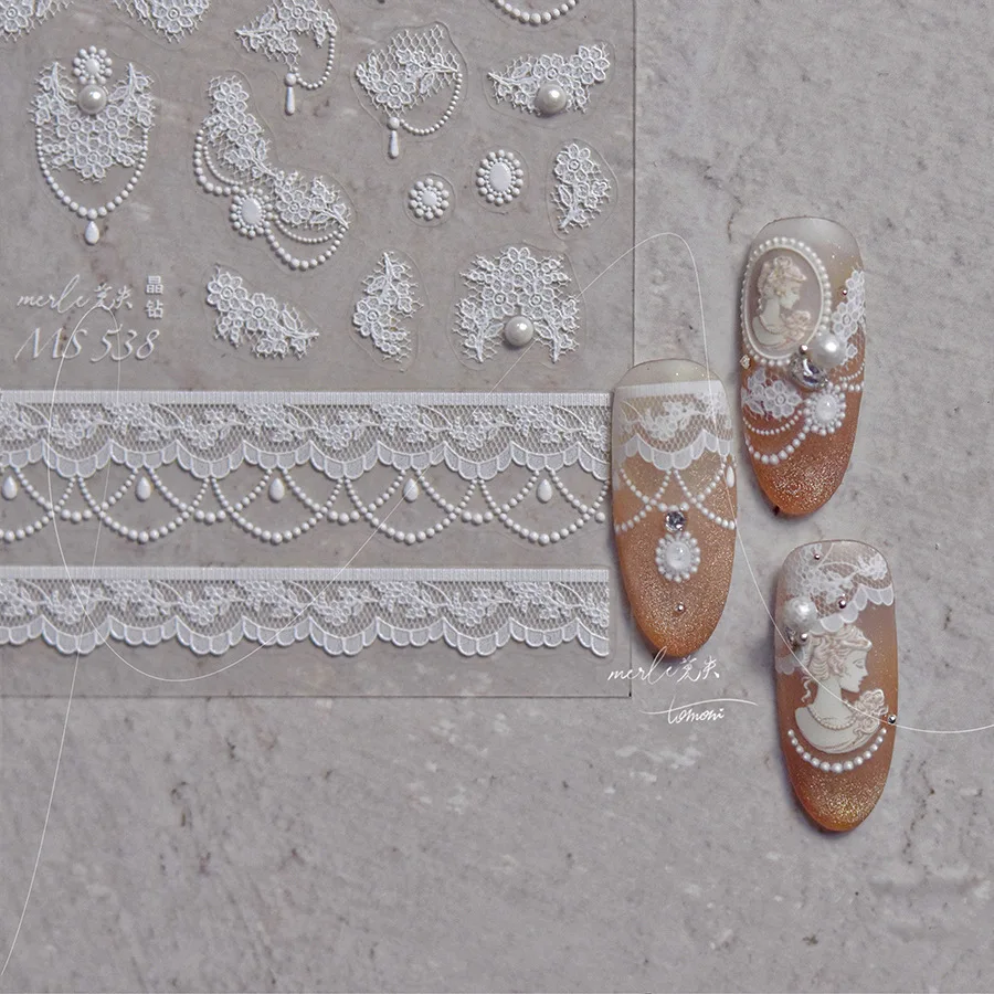 1 個 5D ダイヤモンド日本ホワイトレース弓ネイルアートステッカーパールラインストーンネイルデコレーション粘着デカールスライダー DIY アクセサリー