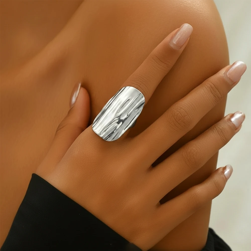 1Piece Irregular Wide Statement Ring,Organic Wrinkle Finish,Minimalist Trendy Jewelry for Women,Office Daily&Festive Gifting