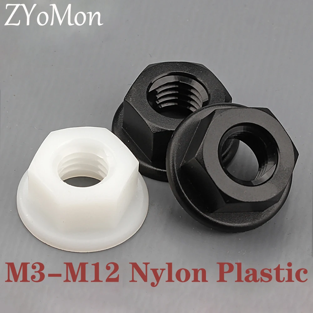 10/ 20/ 50pcs M3 M4 M5 M6 M8 M10 M12 Nylon Flange Nuts Hexagon Flange Nut for Heat/ Electricity Insulation Black White 2 Color