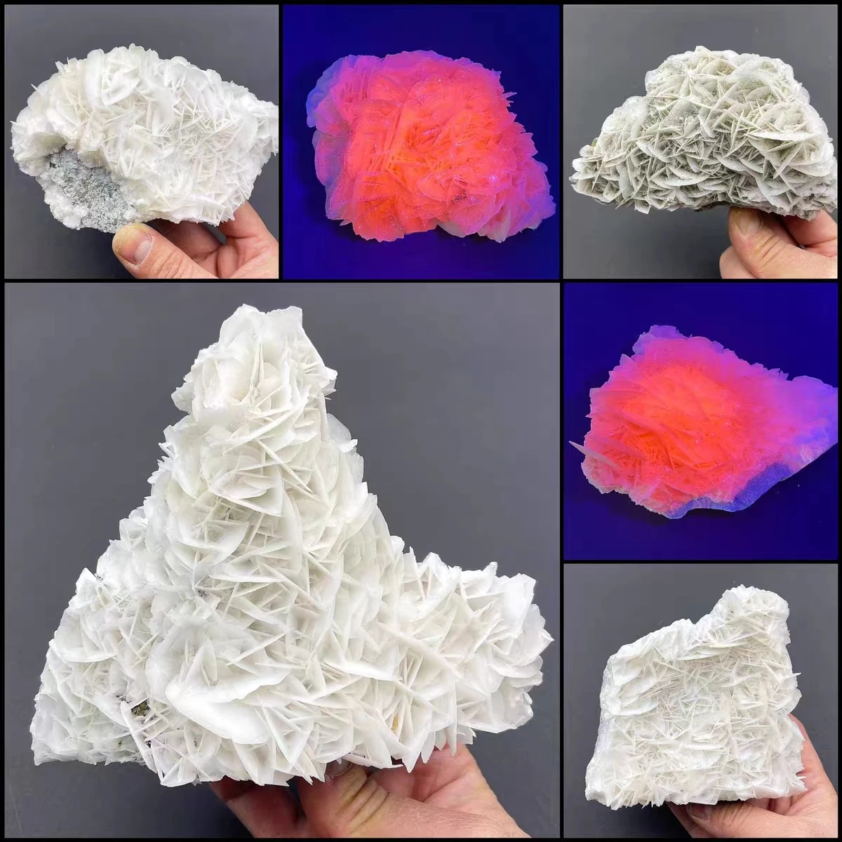 Natural White Rose Fluorescent Manganese Calcite Quartz Crystal Mineral Specimen Reiki Healing Home Degaussing Decorative Gem