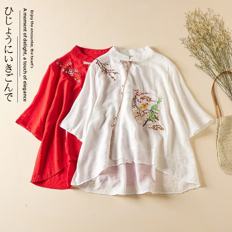 

Ethnic Sle Embroidered Flax irt Five-Quarter Sve Summer Large Size Women's Clothing Button Plaet Stand Collar Asymme...