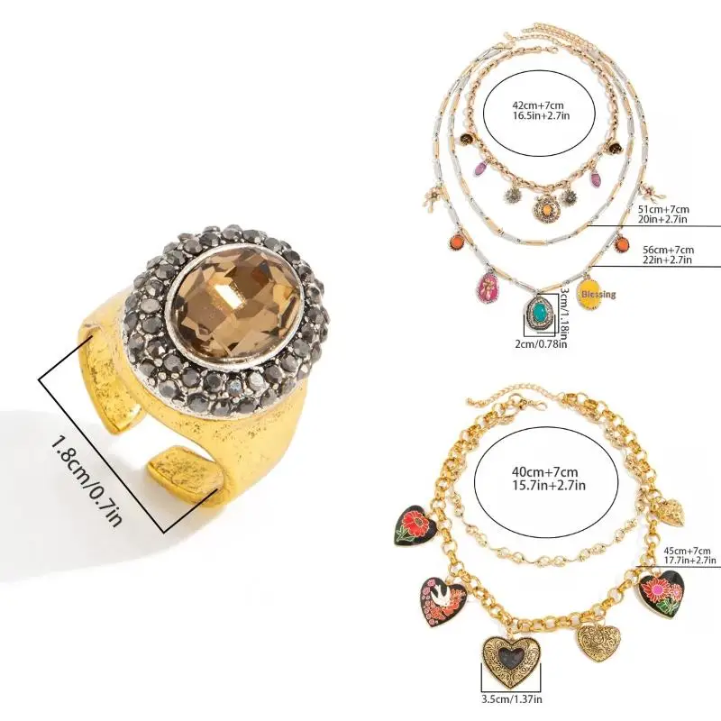 1/2/3 Stück Übertriebener Mehrschichtiger Legierungs-Emaille-Liebesanhänger Ring Urlaubshalskette für Frauen Party-Schmuck-Accessoires – Detail 11