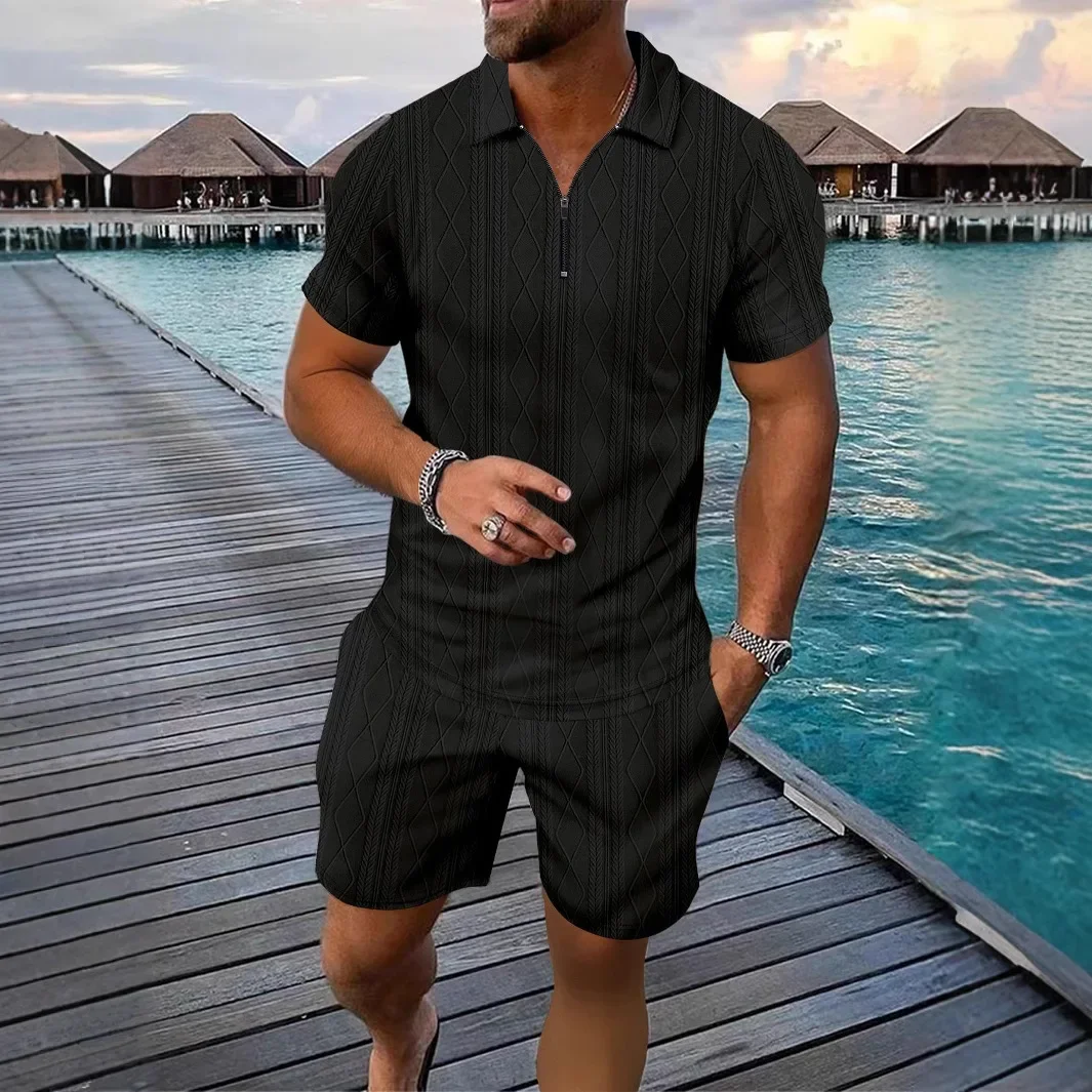 

2025 Summer New Fashion American Style Men's Casual Trendy Solid Color 2 Piece Sets Turn-down Collar Zipper T-shirts Shorts Male