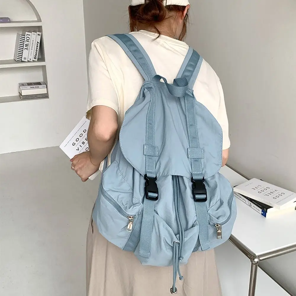 Ins Solid Color Drawsting Backpacks Light Weight Nylon Ruched Shoulder Bags Large Capacity Casual Student Schoolbag Travel