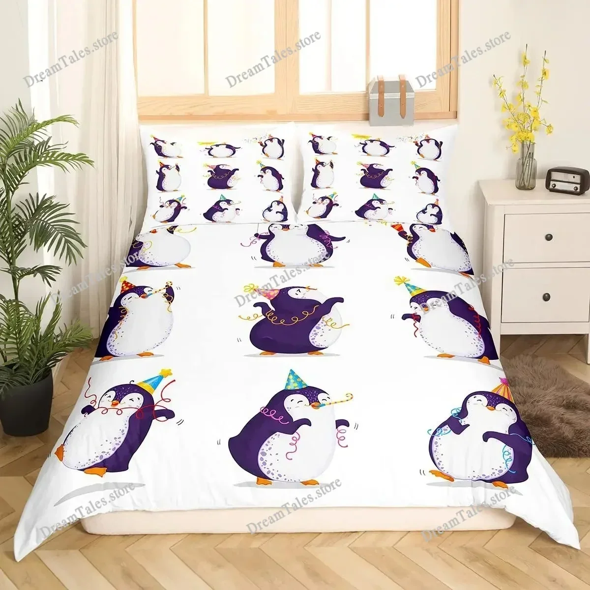 

Penguin Comforter Cover Kawaii Animal Print Black White Little Penguin Duvet Cover Blue Iceberg Antarctica Winter Bedding Set741