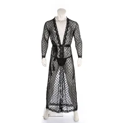 Sexy Lingerie Robe Lace Sheer Bathrobe Man Long Nightwear Erotic Sleepwear See Through Men Dressing Gown and Thong