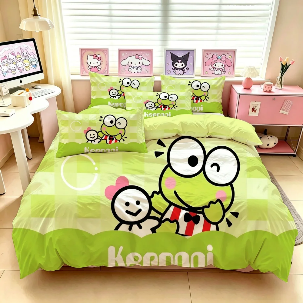 New Keroppi Cartoon Duvet Cover Set with Single Double Queen King Size Bedding, Soft Bedroom Decor for Adults Kids Children