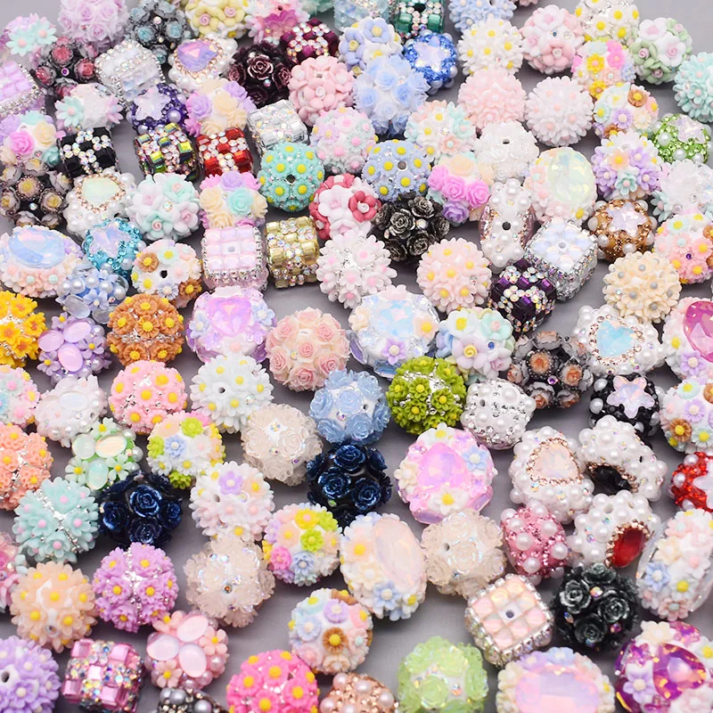 5pcs/bag Shiny Polymer Clay Beads Rainbow Rhinestone Disco Round Flower Beads for Jewelry Making DIY Pen Mobile Phone Chain