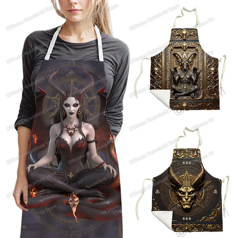 Gothic Demon Devil Art Graphic Cooking Apron Women Men Pentagram 666 Satan Pinafore Household Cleaning Tools Kitchen Aprons