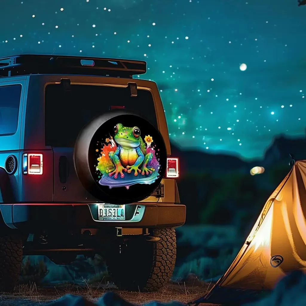Colorful Frog Pond Design Spare Tire Cover Universal Rainproof Wheel Protector For Camping Travel Trailers