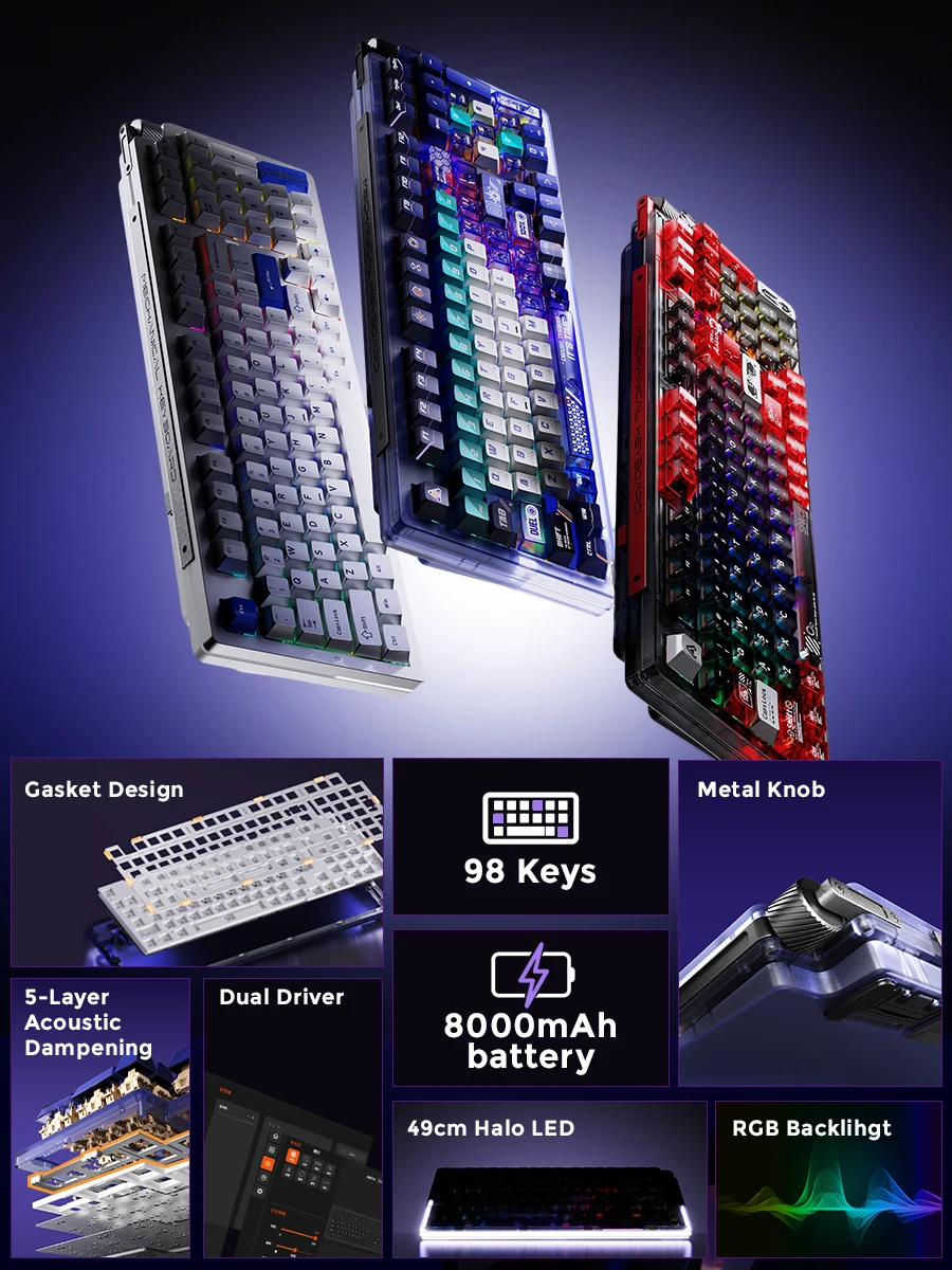DAREU Gaming Keyboard Wireless Tri-mode,Gasket Structure,RGB,SOCD Function 8000mAh with Volume knob 98 Keys