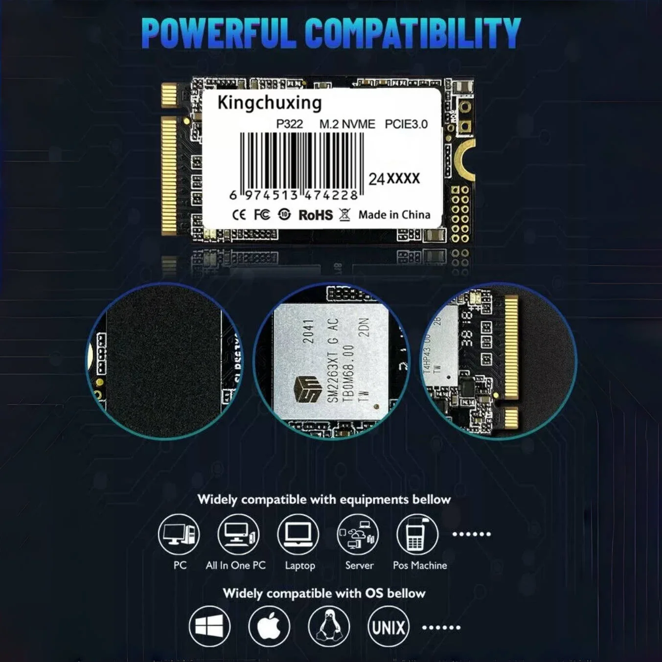 Kingchuxing M.2 2242 NVMe PCIe3.0 SSD 2TB 1TB 512GB PCIe3.0 Gen 3x4 Solid State Drives for Laptop Desktop