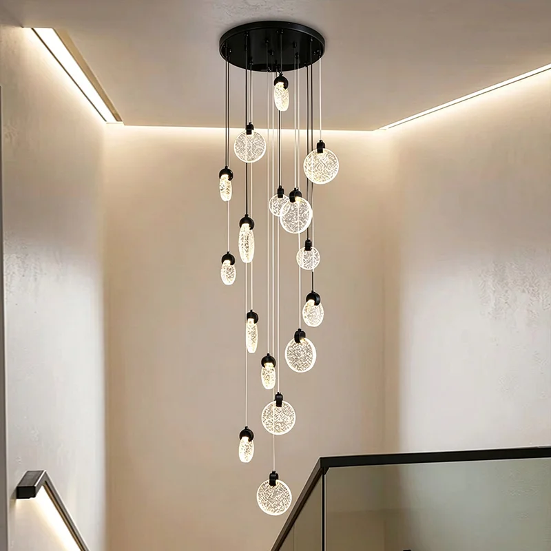 Modern LED Long Chandelier Designer Attic Crystal Pendant Lamp Luxury Duplex Stairs Living Room Kitchen Lighting Home Decoration