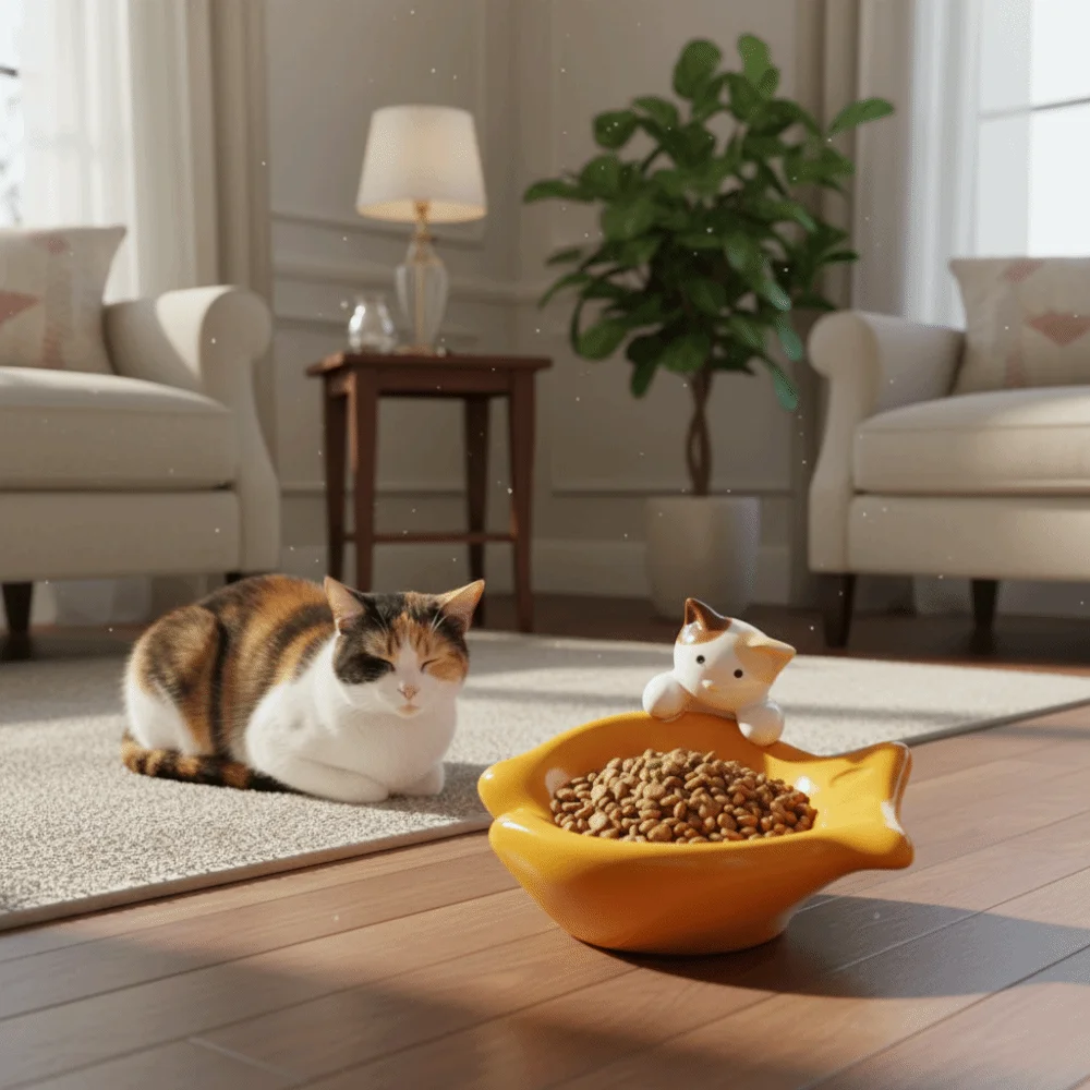 

Cartoon Ceramic Cat Bowl Fish Shaep Slanted Design Pet Drinking Water Basin Anti-Tip Base Large Caliber Cervical Protection Bowl