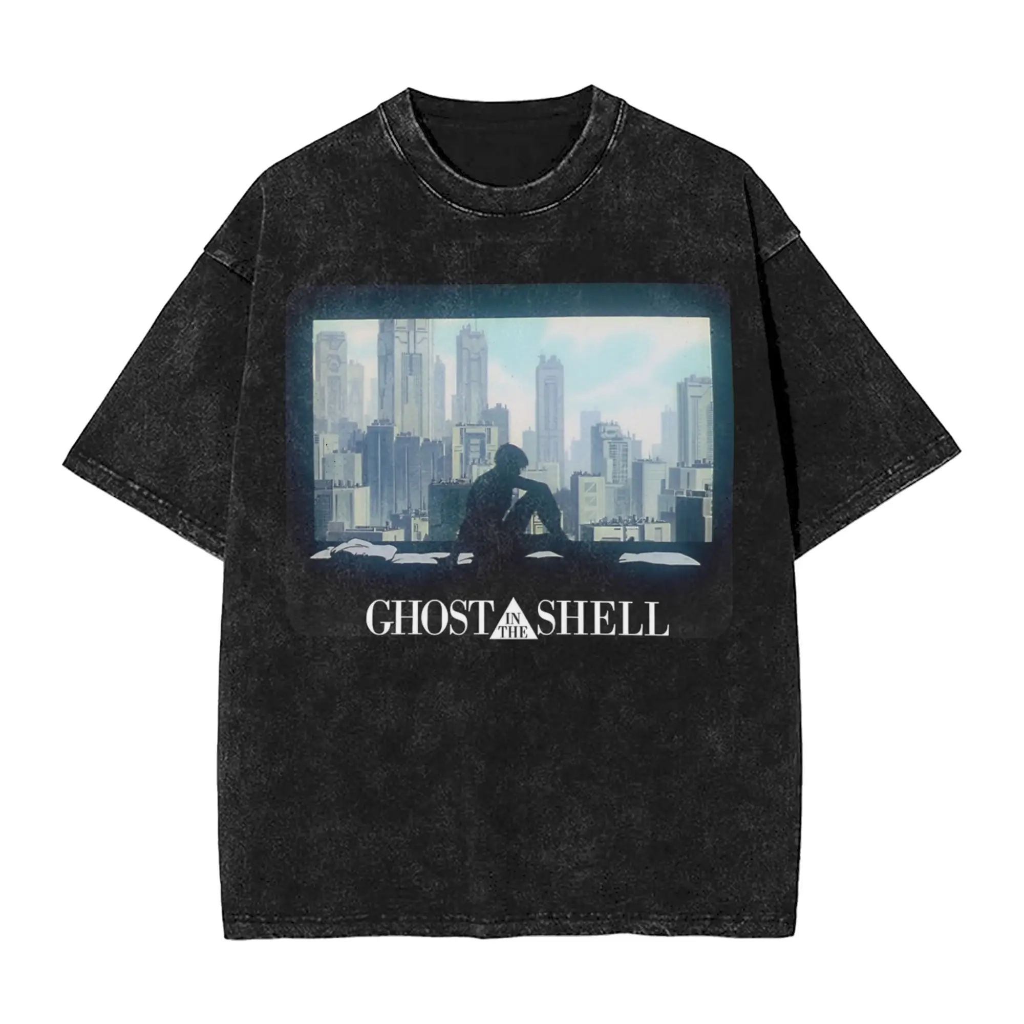 GHOST IN THE SHELL Cartoon Washed T Shirts Streetwear Hip Hop Retro T-Shirts  Tees Tops for Men Women 100% Cotton Harajuku