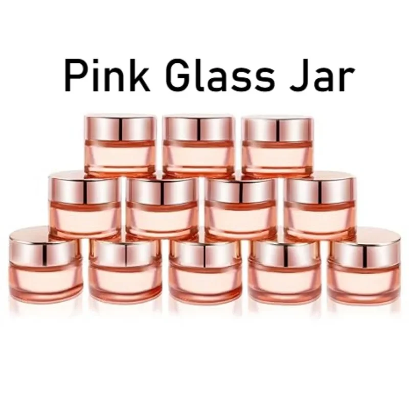 

10PCS Empty Pink Glass Jar Portable Cosmetic Cream Jar Container with Rose-Golden Cover Inner Liners Refillable Cream Containers