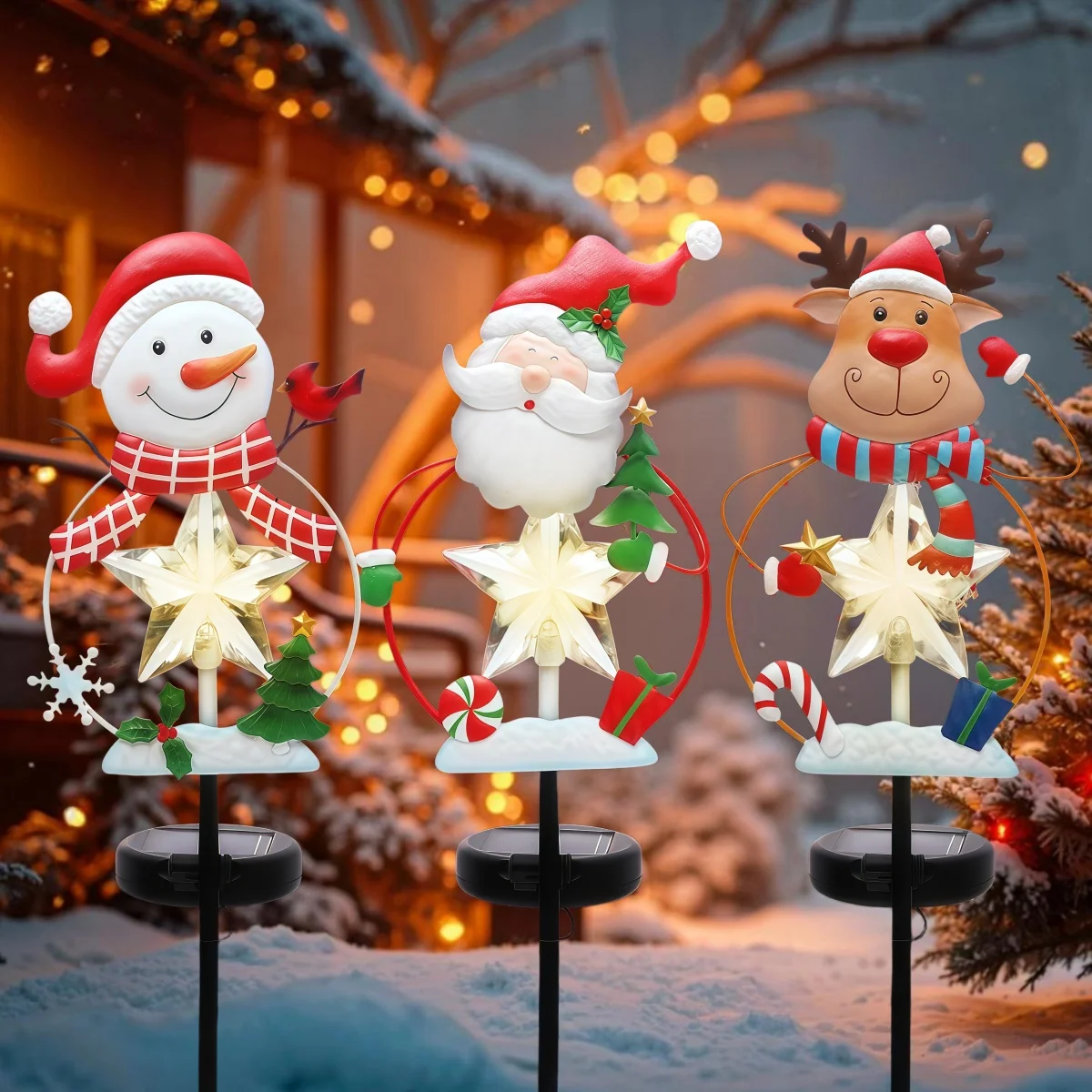 Outdoor Solar Light Christmas Decorations, Christmas Outdoor Solar Decorative Candles Christmas Lights Gold Paste Fruit Pine Wood Needle Snowman/Santa Claus/Reindeer Decorative Garden Stakes, for Yard Lawn Patio Porch Home Decor view 8