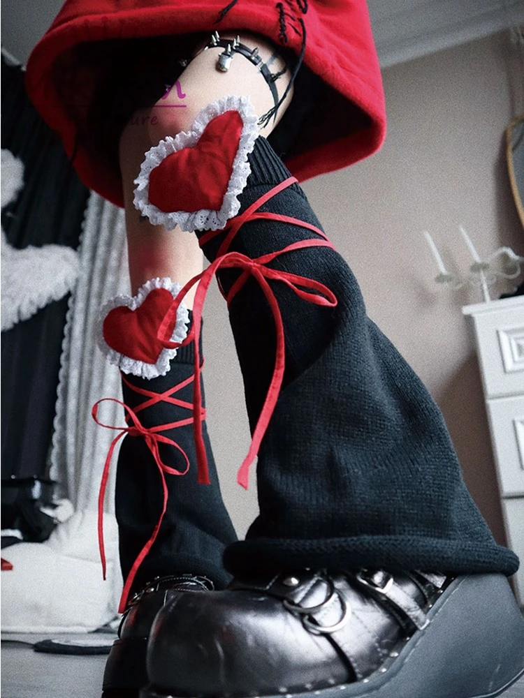 Harajuku Gothic Red Love Lace Black Leg Warmer Socks Y2K Punk Fashion Bow Lace-Up Knitted Warm Leg Cover Chic Streetwear