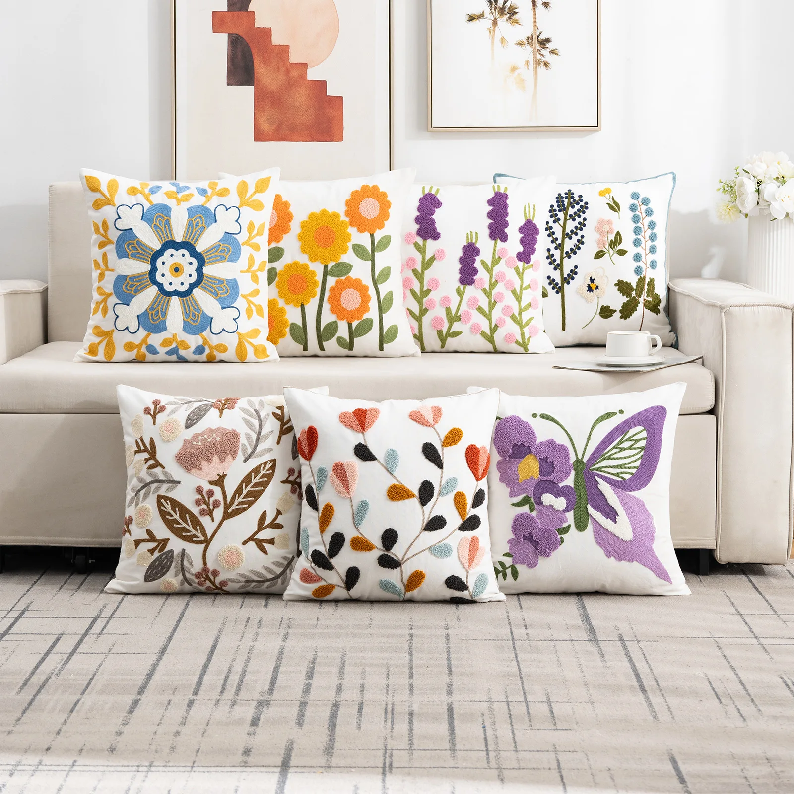

45x45cm Throw Cushion Cover Towel Embroidery Idyllic Sofa Bedside Cushion Waist Soft and Skin-friendly Flower Pillow Case Cover