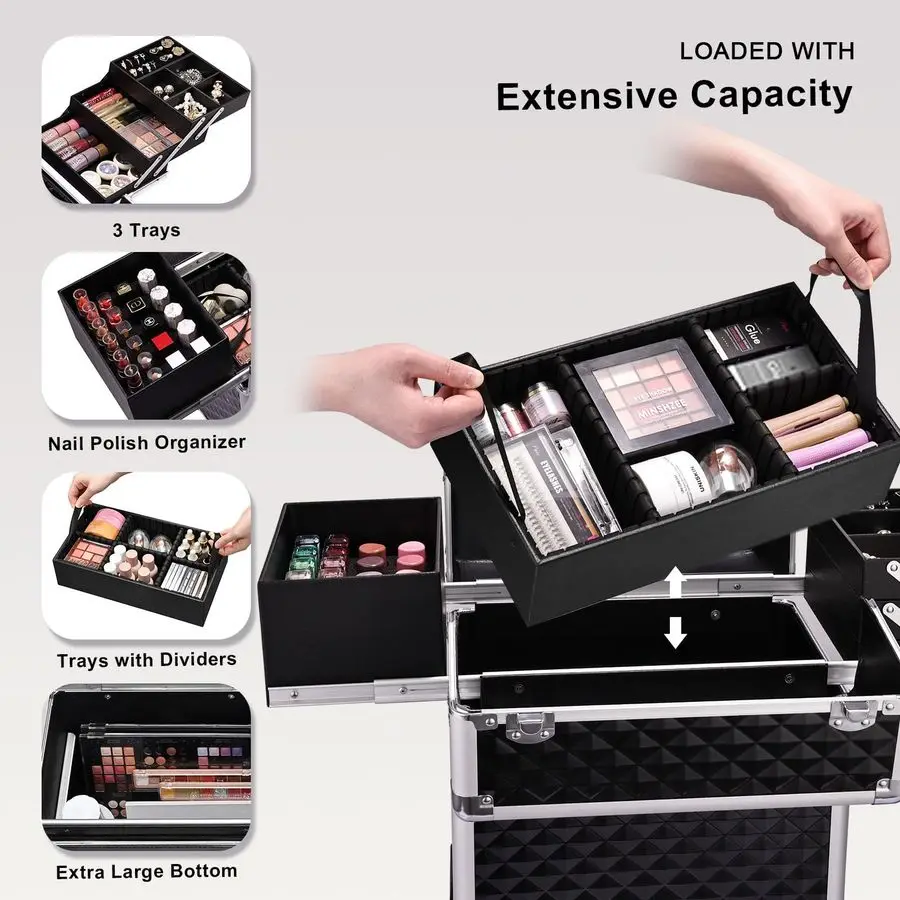 Duży kosmetyczny kuferek na kółkach z 4 przegródkami, wysuwaną środkową warstwą, kluczem i obrotowymi kółkami.