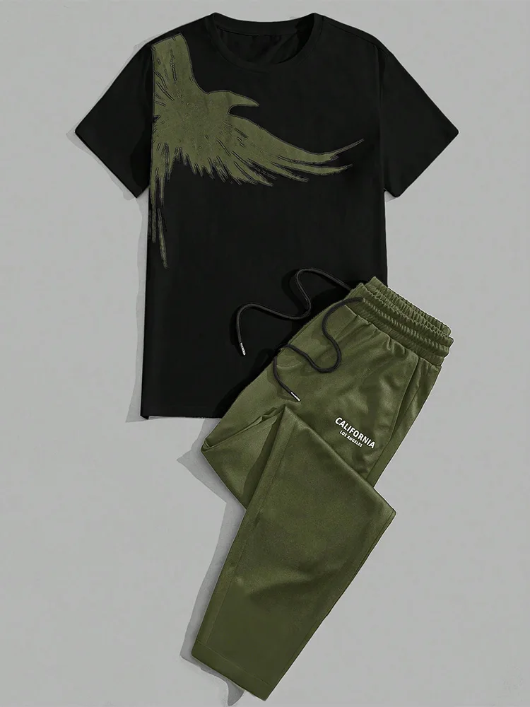 

2026 Minimalist Casual Men's Short-Sleeve Shirt and Pants Set Stylish Eagle Print Clothing Sportswear and Leisure Two-Piece Set