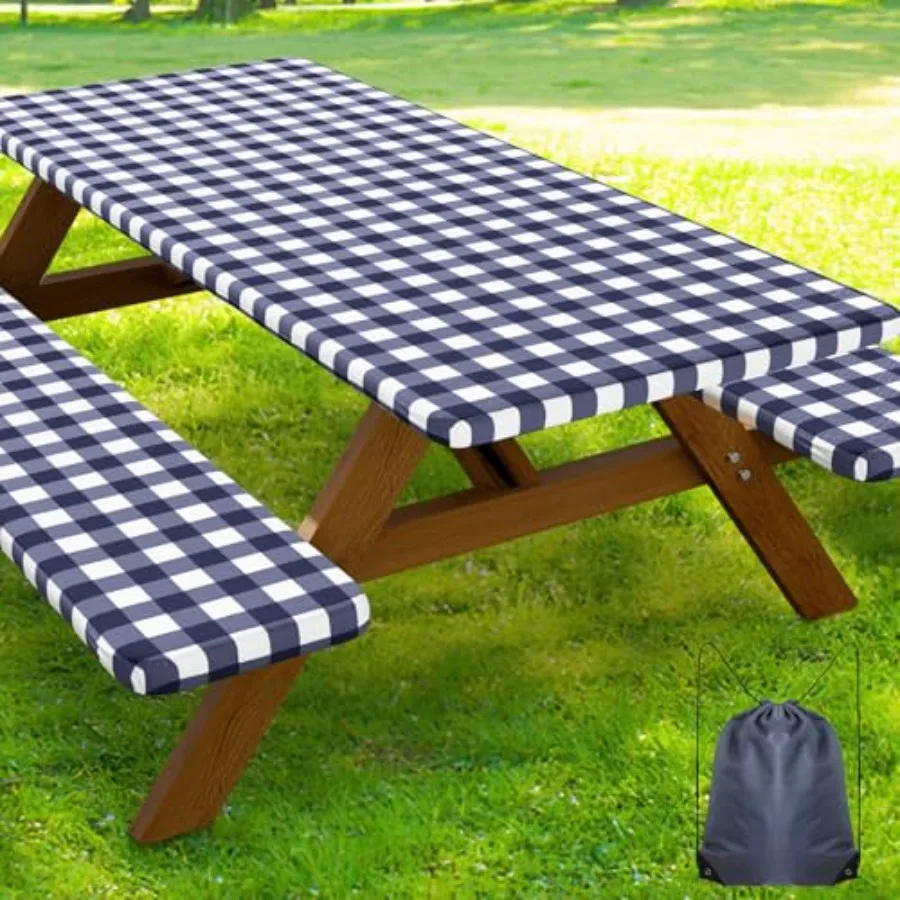 

Picnic Table Cover with Bench Covers Waterproof Elastic Fitted Tablecloths for 8 Feet Rectangle Tables Washable Buffalo Plaid T