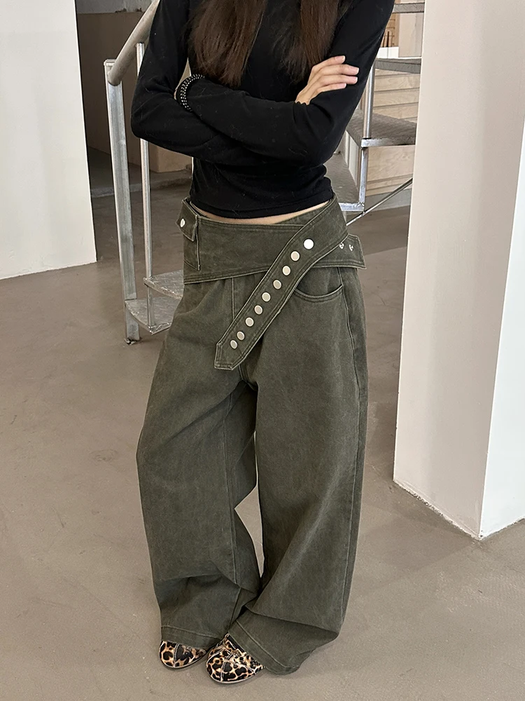 

URKR Съемная поясная сумка, джинсы в американском ретро-стиле, женские сексуальные джинсы с широкими штанинами, повседневные прямые хлопковые джинсы