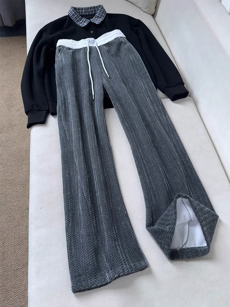 

Thiened Fce повседневные прямые брюки в стиле пэчворк с волокнистой полоской, мужские спортивные штаны, осенне-зимние износостойкие длинные брюки