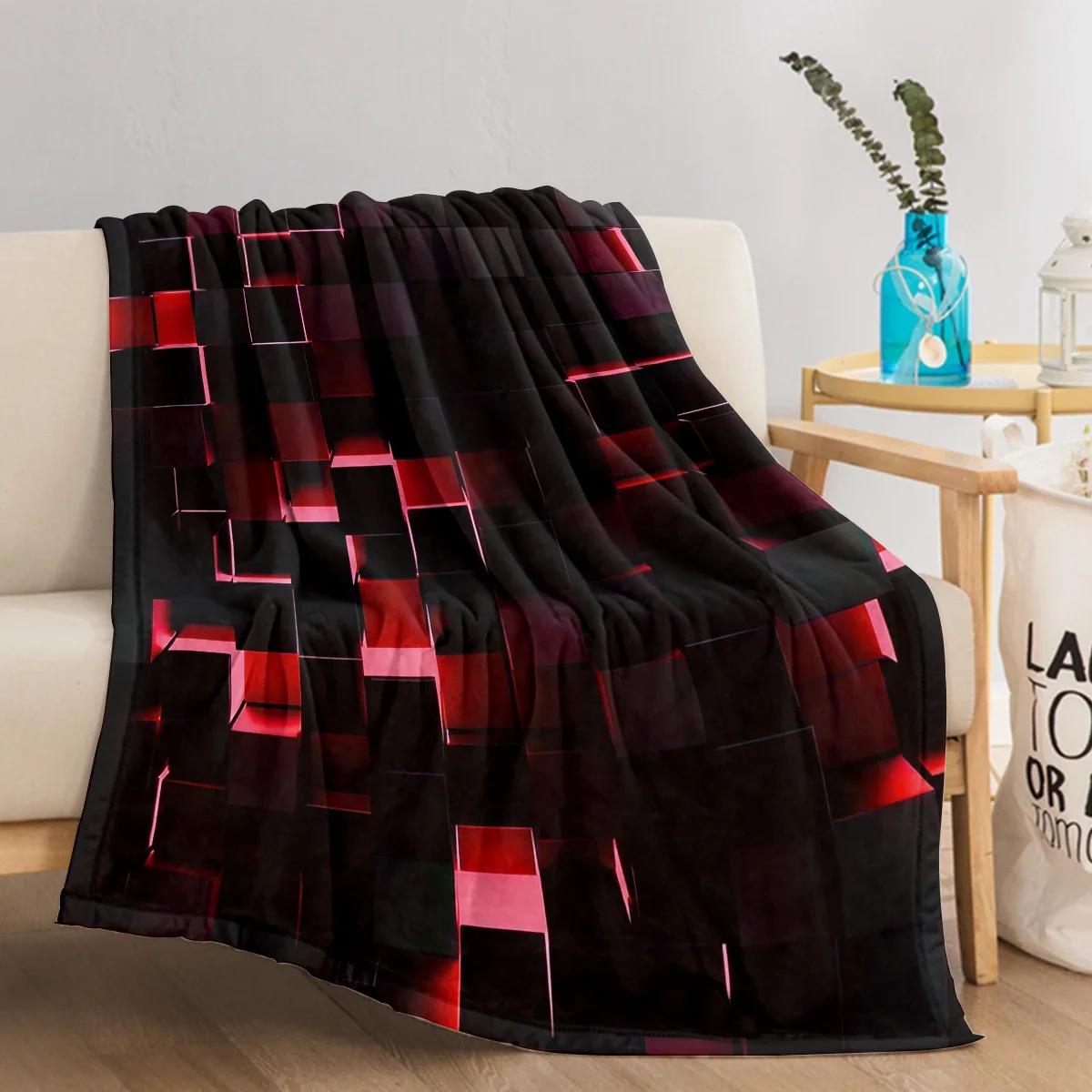 

3d print blanket Red and Black Modern Geometric Square Pattern Blanket Soft Cozy Fleece Flannel Throw Blanket for Sofa Bed cover