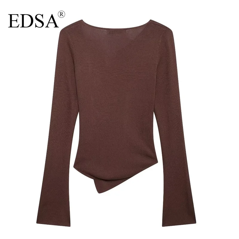 EDSA Women Asymmetrical Pleated Sweater Top Autumn Women\'s Long Sleeve Knitted Top Ladies Fashion Elegant Blue Brown Knitwear