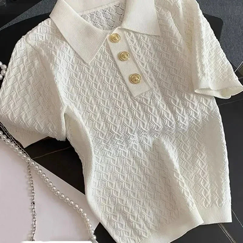 

Ice Silk Polo Shirt Knitted Short Sleeve T-Shirt Summer Chic Thin Unique Jacquard Women Tops 2025 Korean Style Women’s Clothing