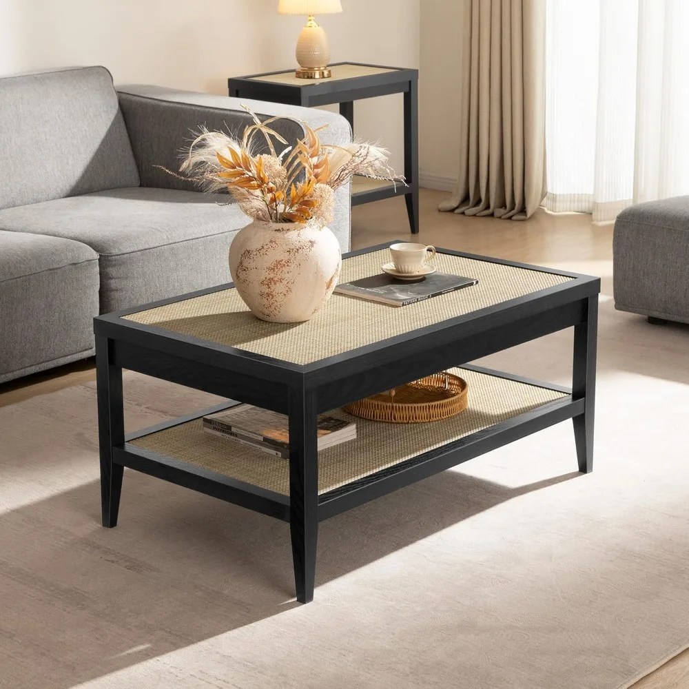 Mesa de centro retangular para sala de estar, mesa central boho de fazenda com prateleiras de armazenamento de vime de 2 camadas, mesa lateral de sofá