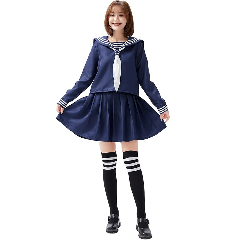 2025 Autumn New Tibetan Blue Japanese Split Student Uniform Sailor Uniform Class Female Daily Student  Two Tone Scarf Set