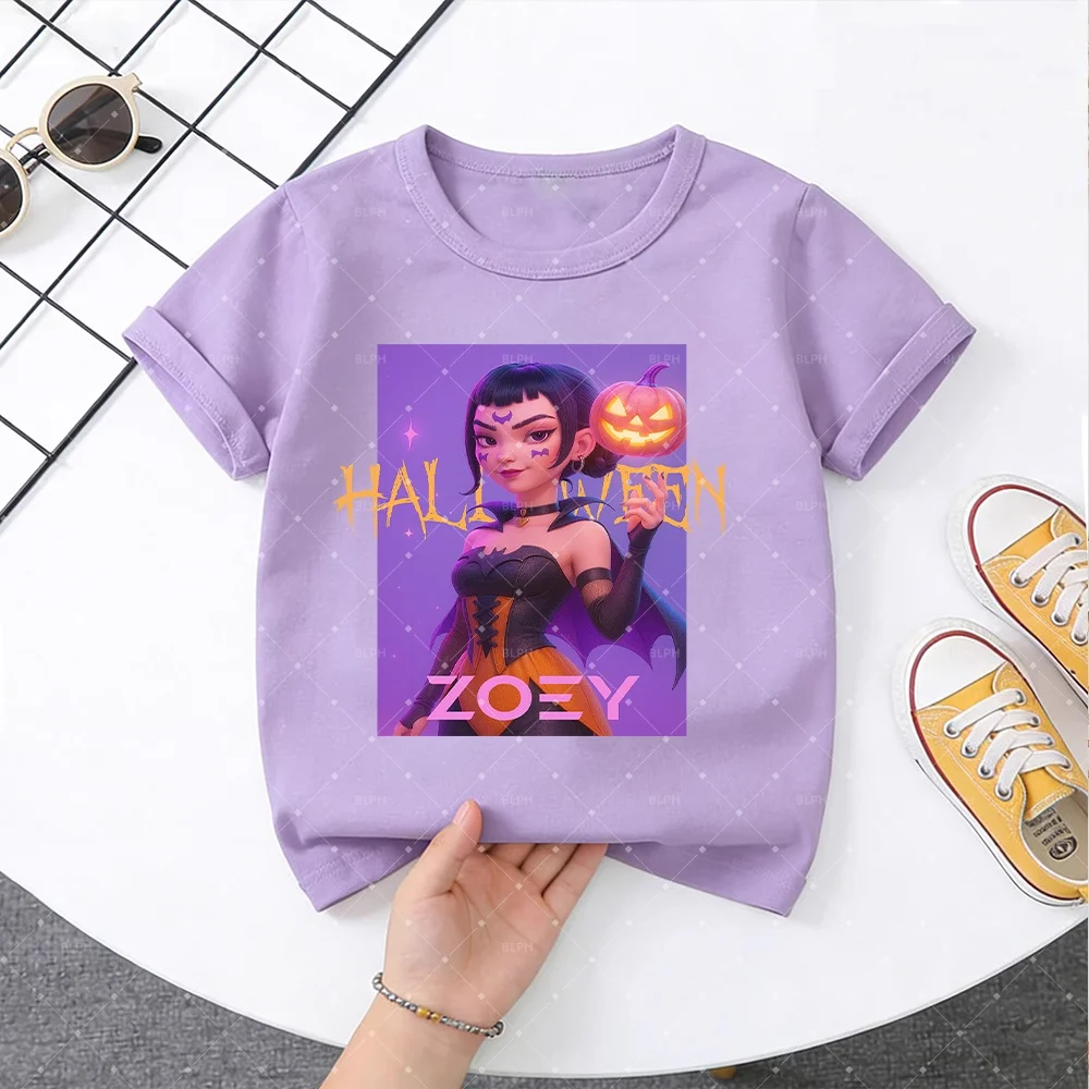 

Halloween Kids T-Shirt with Witch Design Featuring Pumpkin and Bat Details, Perfect for KPop Demon Hunters Enthusiasts