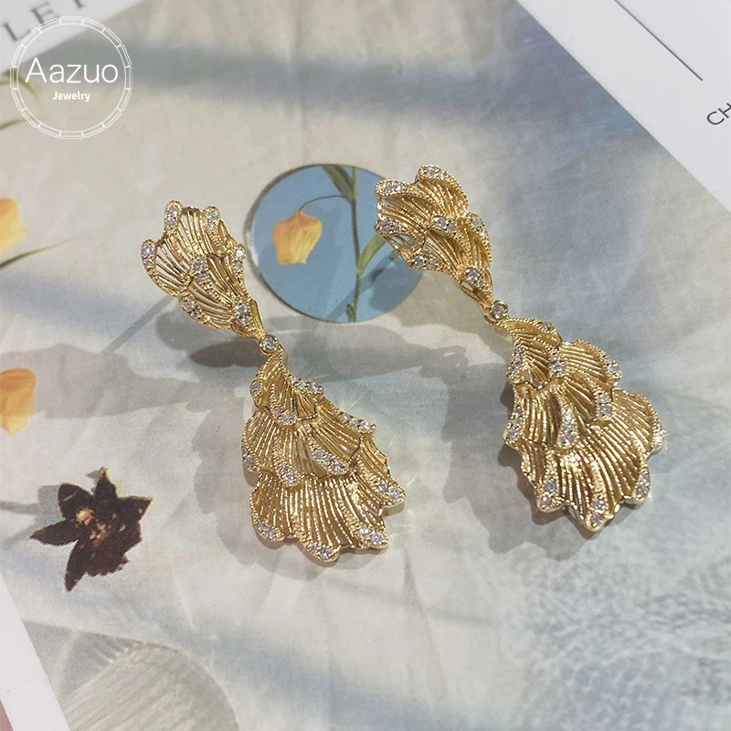 Aazuo Luxury Jewelry 18K Solid Yellow Gold Real Diamonds 0.30ct Fashion Leaves  Drop Earrings Gifted For Women Wedding Party