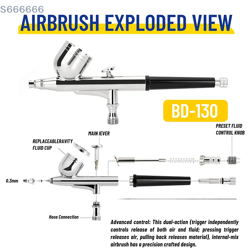 

Professional BD-130 Double Action Airbrush Kit with 0.3mm Needle And Nozzle Precision Painting & Modeling High-Quality Art Tools