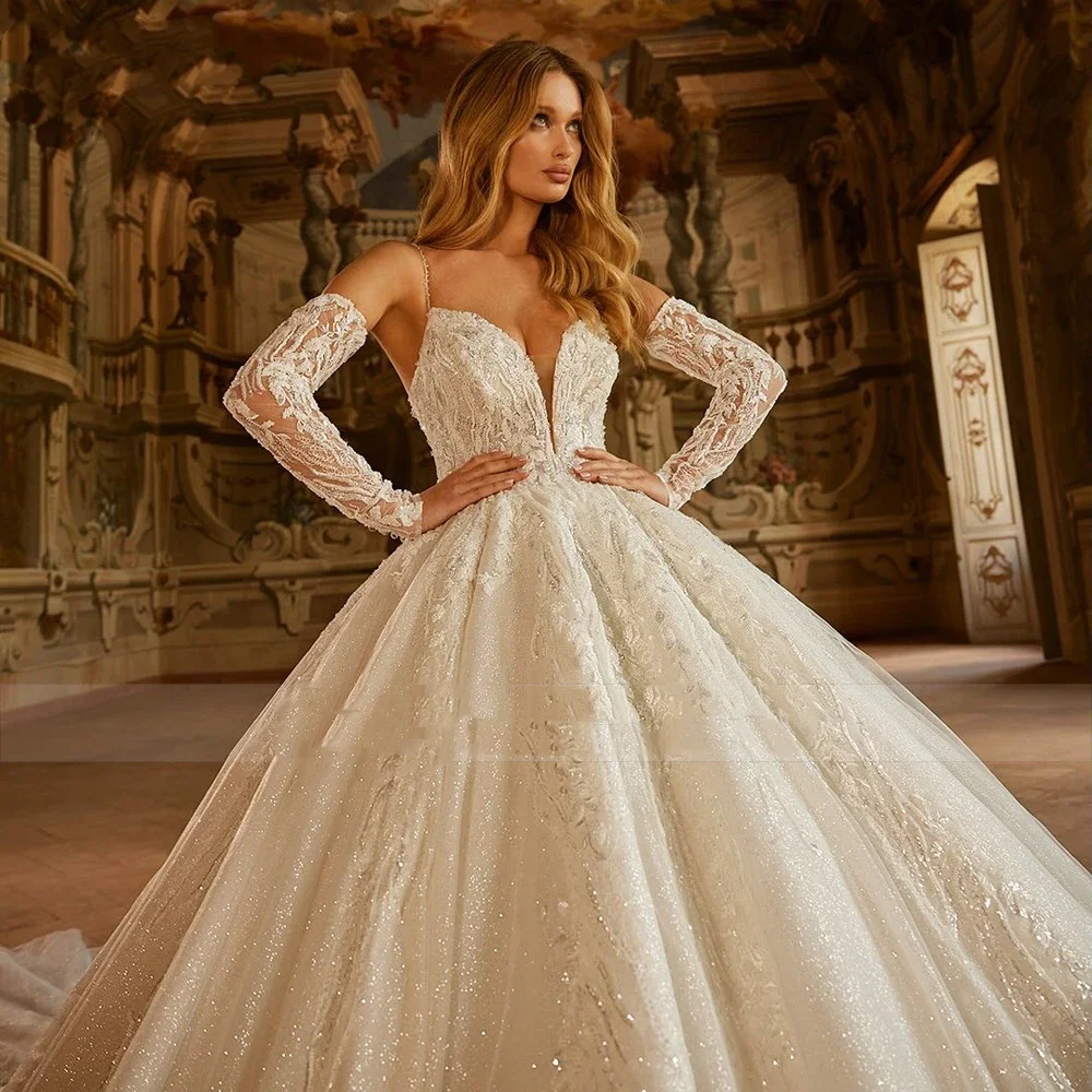 Flavinke Элегантное блестящее кружевное бальное платье с бисером на заказ, свадебные платья 2025 года с бретельками-спагетти, милые свадебные платья