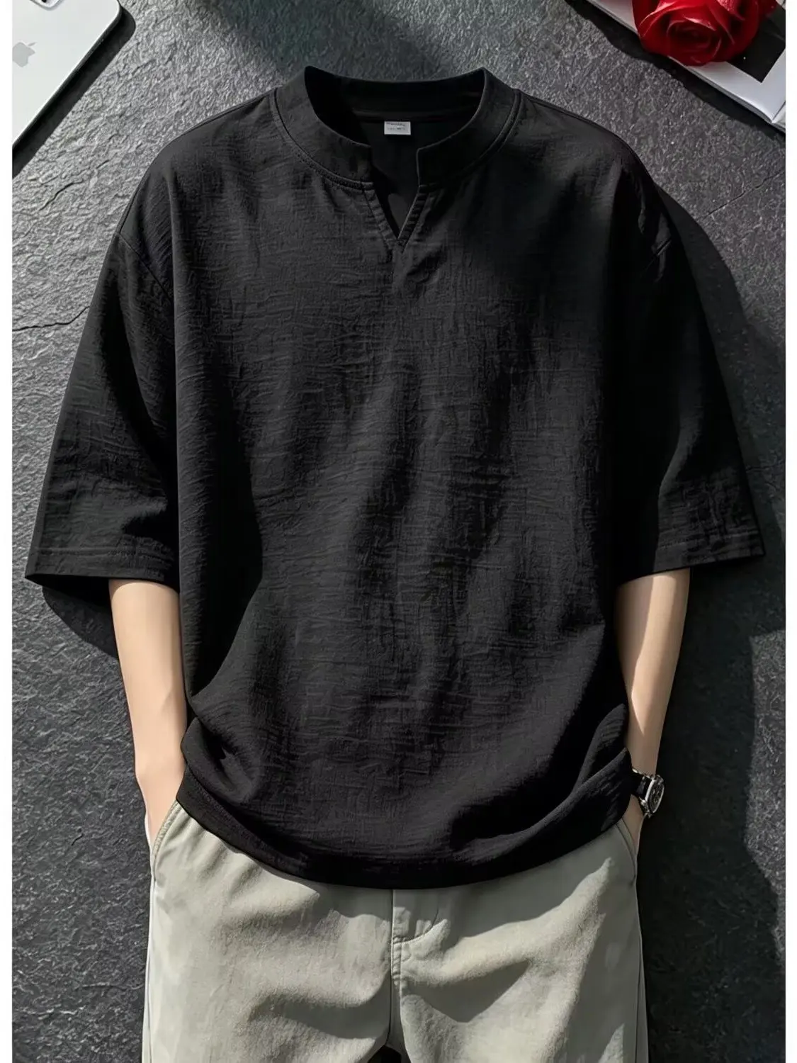 Lightweight V-Neck Short Sleeve Men's T-Shirt Linen-Like Fabric Breathable Cool Sensation Half Sleeve Shoulder Appropriate Su...