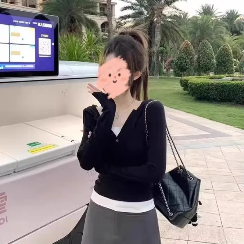 

Женская футболка из двух частей с капюшоном и длинными рукавами на весну и осень, новый тонкий короткий топ