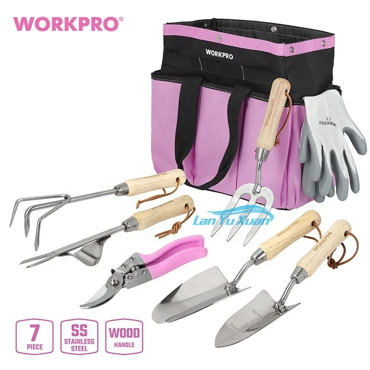 

WORKPRO 7pcs Pink Gardening Hand Tools with Wooden Handle Weeder Fork Rake Trowel Transplanter Pruner Digging Garden Set